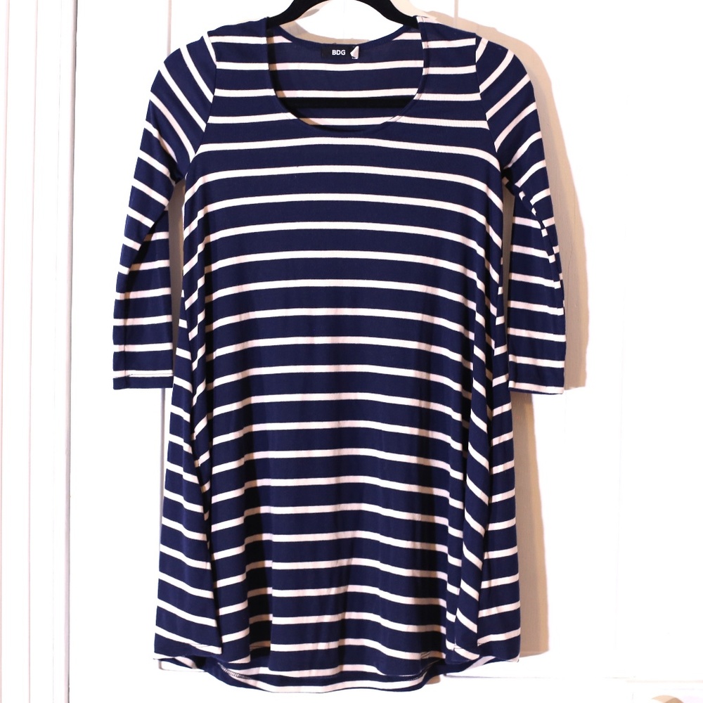 UO Navy Blue Striped Trapeze 3/4 Sleeve Dress